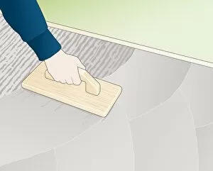Digital illustration showing how to smooth rough surface of wet concrete using wooden float