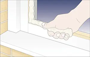Window Frame Prints: Digital Illustration showing how to stick glazing putty to edge of window frame using thumb