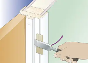 Chisel Prints: Digital illustration showing how to use chisel resting against offcut to prise doorstops off from warped door