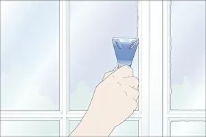 Digital Illustration showing how to use scraper to remove excess paint from window