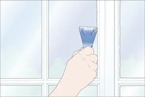 Digital Illustration showing how to use scraper to remove excess paint from window