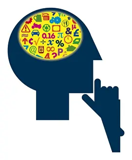 Prints of Digital illustration of signs and symbols inside head representing different areas of the human brain The Human Brain Prints: Digital illustration of signs and symbols inside head representing different areas of the human brain