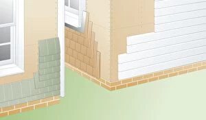 Digital illustration of slate tiles, wood shingles, and white clapboard fixed to vapour barrier of building paper