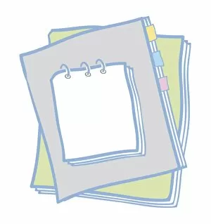 Digital illustration of spiral notebook, personal organiser, and notebook
