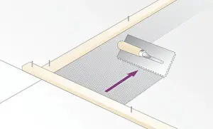 Digital illustration of spreading adhesive with notched edge of trowel