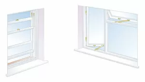 Foam Gallery: Digital illustration of spring metal strip, foam strip, and rubber seal on sash window