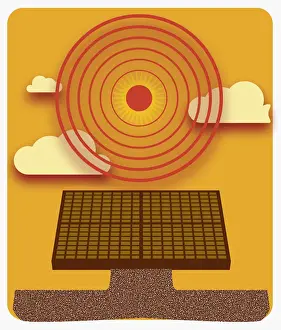 Solar Energy Prints: Digital illustration of sun radiating heat above solar panel