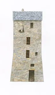 Digital illustration of tall hillside house typical of Castagniccia on the island of Corsica, built to hold several families