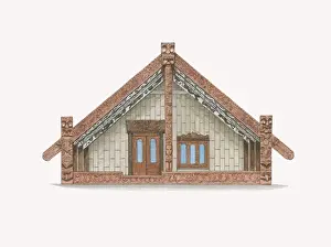 North Island Prints: Digital illustration of Te Tokanganui-a-Noho Maori Meeting House facade in Te Kuiti on New Zealand s