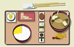 Digital illustration of traditional Japanese meal on tray and chopsticks
