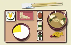 Rice Prints: Digital illustration of traditional Japanese meal on tray and chopsticks
