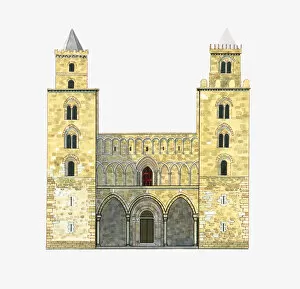 Romanesque Collection: Digital illustration of twin-towered facade of Roman Catholic Duomo di Cefalu