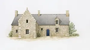 Digital illustration of typical stone house with slate roof found in Brittany, France
