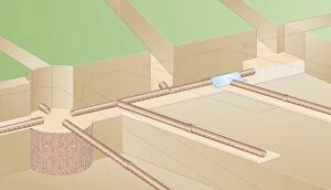 Digital illustration of underground land drainage system in garden
