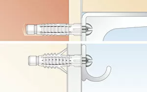Digital Illustration of universal wall plugs securing metal hinge and hook to wall
