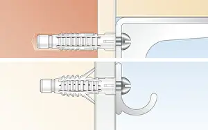 Choice Prints: Digital Illustration of universal wall plugs securing metal hinge and hook to wall