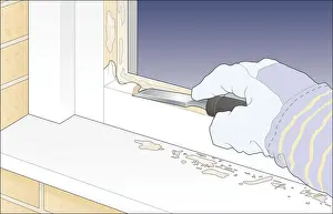 Window Frame Prints: Digital illustration using chisel to remove old putty from window frame
