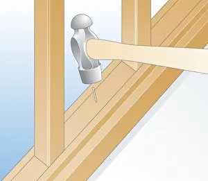 Nail Prints: Digital illustration of using hammer to nail spacer in place between balusters