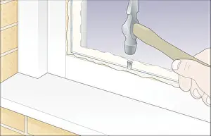 Surrounding Prints: Digital Illustration of using hammer to tap glazing sprig in to putty surrounding new glass in window