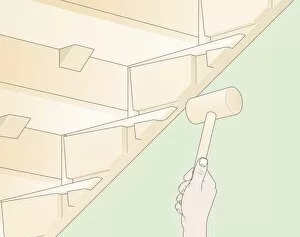 Digital Illustration of using mallet to tap loose wedges back into place below staircase tread