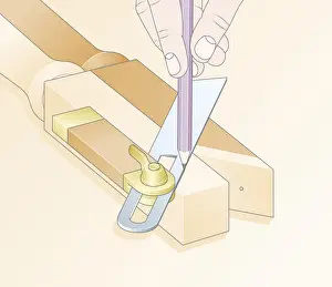 Carpentry Prints: Digital Illustration of using pencil and sliding bevel to transfer joint angle to new spindle on baluster