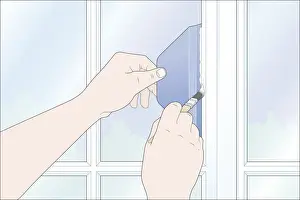 Plastic Prints: Digital illustration of using plastic paint shield to prevent painting on window