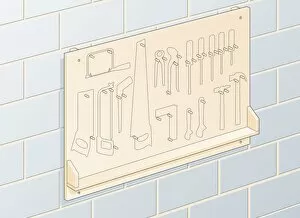 Images Dated 23rd January 2009: Digital illustration of wall-mounted tool storage board with outlines