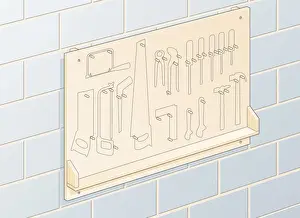 Convenience Prints: Digital illustration of wall-mounted tool storage board with outlines