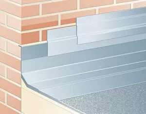 Digital illustration waterproof, overlapping aluminium flashing tape on joint between roof and brick wall