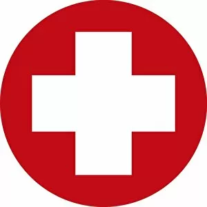 Images Dated 9th May 2011: Digital illustration of white first aid cross in red circle on white background