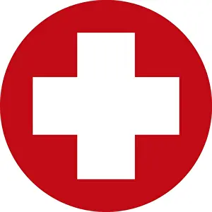 First Aid Prints: Digital illustration of white first aid cross in red circle on white background