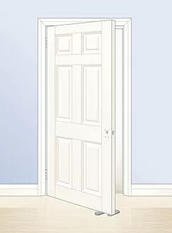 Digital illustration of white-painted panel door wedged open with wood