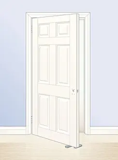 Door Prints: Digital illustration of white-painted panel door wedged open with wood