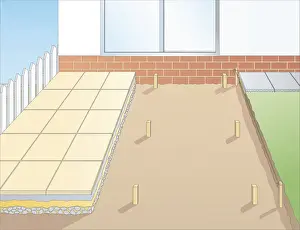 In A Row Prints: Digital illustration of wooden pegs gauging depth for patio in excavated soil