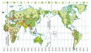 Western Script Gallery: Digital illustration of world map showing time zones