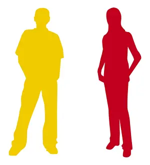 Digital illustration of yellow silhouette of man and red silhouette of woman