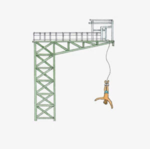 Digital illustration of young man bungee jumping from platform