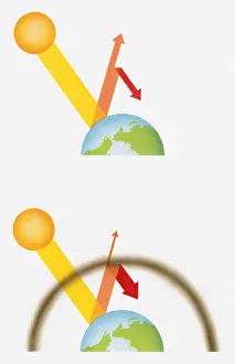 Global Warming Prints: Digital illustrations showing effects of global warming on planet and ozone layer