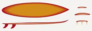 Digitally generated illustration of surfboard in sequence of shapes and fins