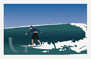 Turn Prints: Digitally generated illustration of young man balancing on surfboard with arms raised