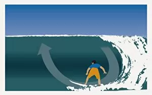Arrow Sign Gallery: Digitally generated illustration of young man on surf board showing bottom turn maneuver on wave