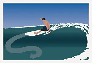 Scissors Prints: Digitally generated illustration of young man on surf board showing cutback maneuver on wave