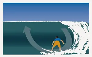 Balance Prints: Digitally generated illustration of young man on surf board showing bottom turn maneuver on wave