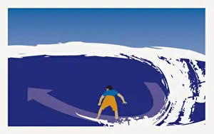 Bottom Prints: Digitally generated illustration of young man on surf board showing bottom turn maneuver on wave