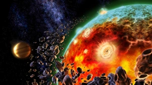 Volcano Collection: Digitally generated image showing volcanic eruptions during formation of Earth