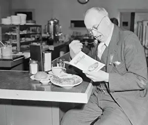 Propaganda Prints: Diner Read Pamphlet on California's Ham and Eggs Pension Plan