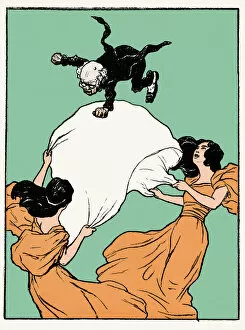 Art Nouveau Gallery: Displeased old man thrown into the air by two women nouveau 1897