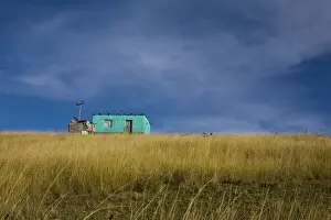 Distant view of a small traditional flat house under blue sky and surrounded by golden wavy grass, Coffee Bay, Eastern Cape province, South Africa