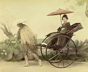 Descent Prints: A distinguished woman with a parasol being pulled in a jinrikisha by a man wearing a straw mackintosh