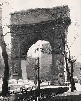 Prints of New York, NY - JANUARY 1958: A distorted image of the Washington Square Arch in Washington Square Park, in March 1957 in Greenwich Village, in New York City, New York Portraits, Artworks, and Montages from a Visionary Photographer: Distorted Image of the Washington Square Arch in the 1950's
